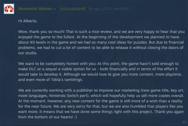 Messaggio su Steam dello sviluppatore